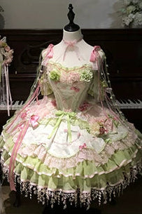 [Clôture des réservations le 10/8] Robe lolita corset à volants en dentelle florale rose x vert doux + ensemble complet (coiffe couronne florale avec voile + manches amovibles)