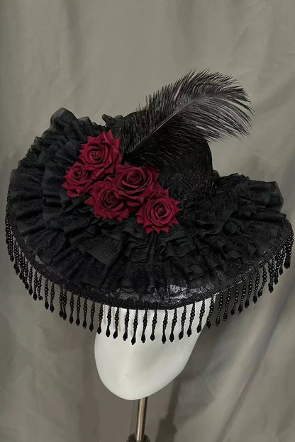 Spot Black Widow Hat Manor Mistress Gothic Hand Made Lolita Cap Lolita Cap Widow Cap Large Brim