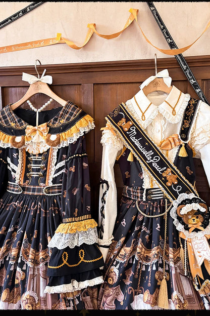 [Reservierungsschluss 8. September] Classic Bear Lolita-Stufenkleid mit weißem Kragen, Karomuster, Spitze und Schleife+Vintage-JSK-Kleid mit Teddybär-Print und Spitze+Vintage-Lolita-Kleid mit Teddybär-Print, Karokragen und klassischem Karomuster