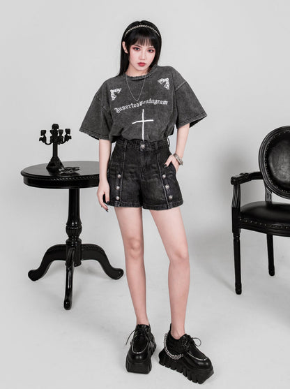 Military Buckle Metal Buttons Black Washed Denim Shorts