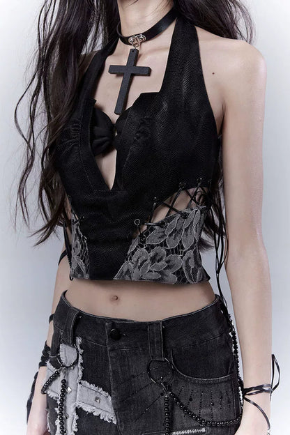 ダークレースパッチワークレザーキャミソール