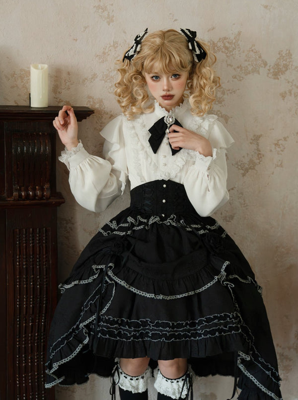 Frilled Elegant Blouse + Asymmetrical Flared Skirt