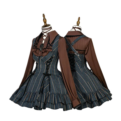 【12月29日予約締切】ゴシックロリータストライプバッククロスフリルサスドレス