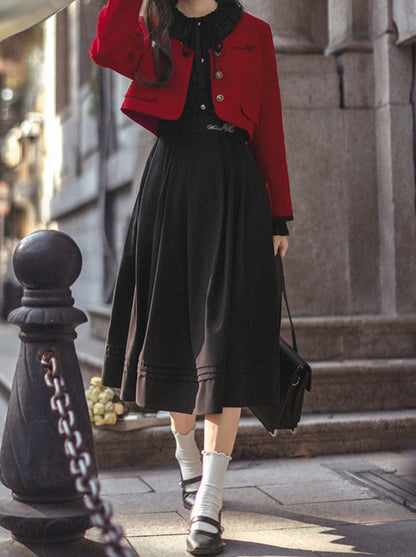 Retro Elegant Suit Red Short Jacket + Black Ruffle Lantern Sleeve Dress + Ribbon Tie