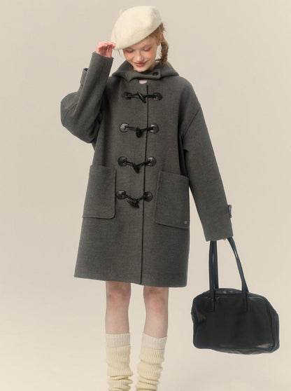 Hooded Gray Horn Button Wool Coat