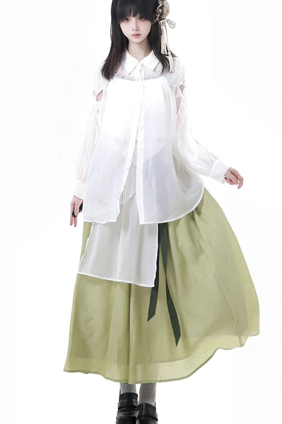 シフォンチャイナシャツ＋キャミソール＋ショートスカート＋ロングスカート＋レッグウォーマー