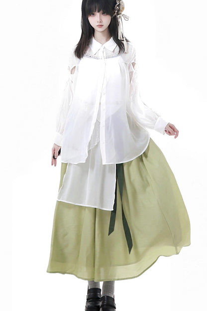 シフォンチャイナシャツ＋キャミソール＋ショートスカート＋ロングスカート＋レッグウォーマー