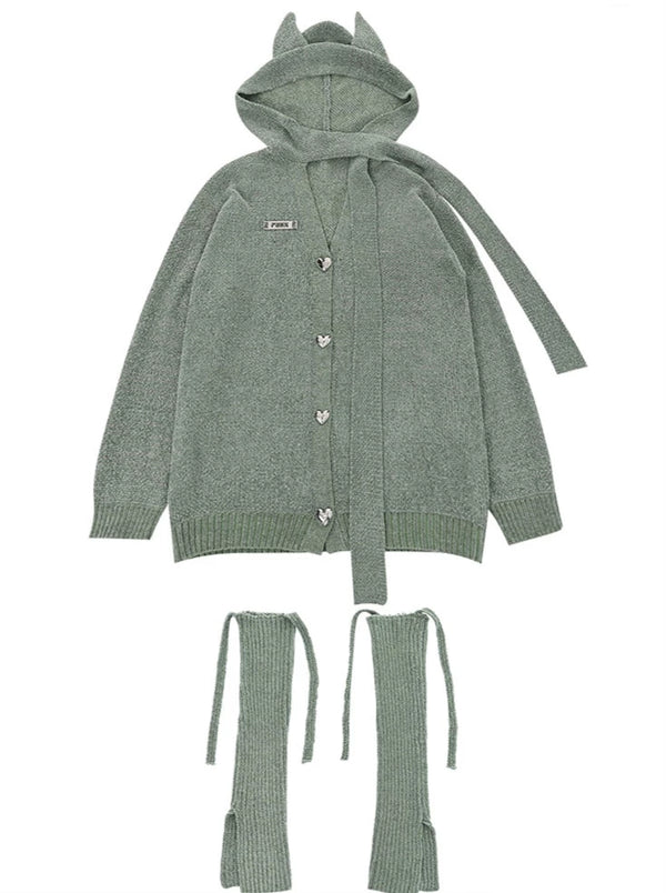 Gray Green Original Hooded Kitten Ear Knit Cardigan + Leg Warmers