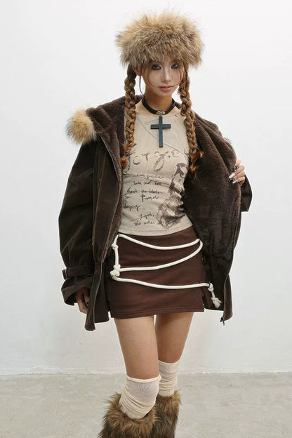 フレンチレトロベルベットファーフードジャケット