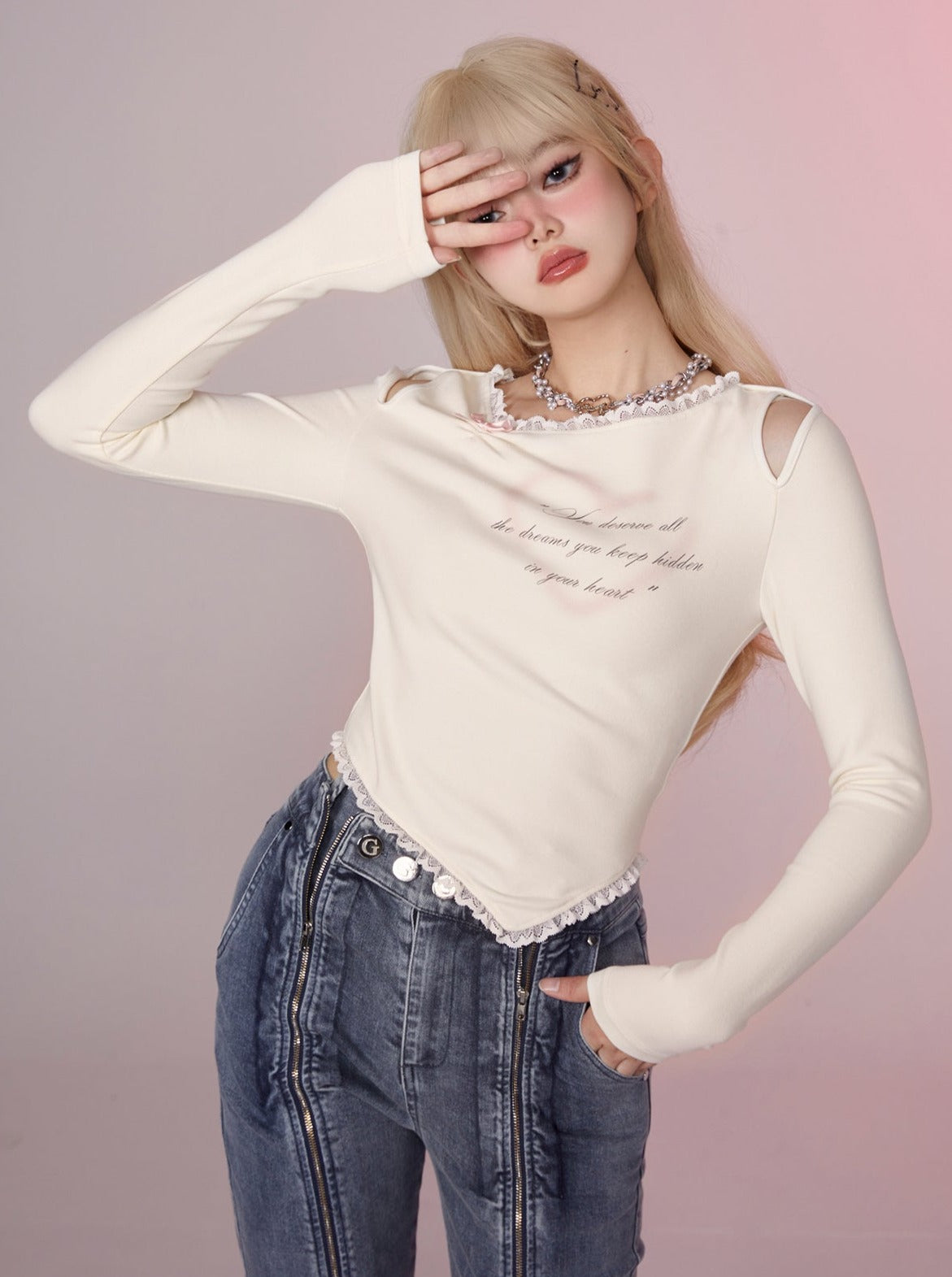 Letter Asymmetrical Slim Lace Tops