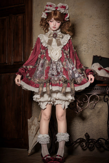 【11月3日予約締切】Antique Bow Burgundy Rabbit Print Frill Doll Dress + Shorts Set