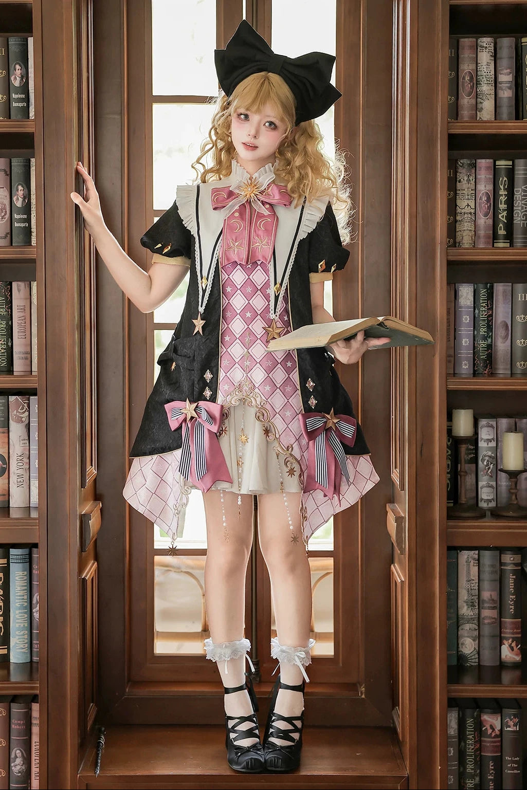 【10月13日予約締切】Magic Academy Starry Diamond Pendant Bow Lolita Dress + Black Lace Trim Bow Puff Sleeve Jacket + Detachable Star Embroidery Ribbon Frill Collar + Full Set