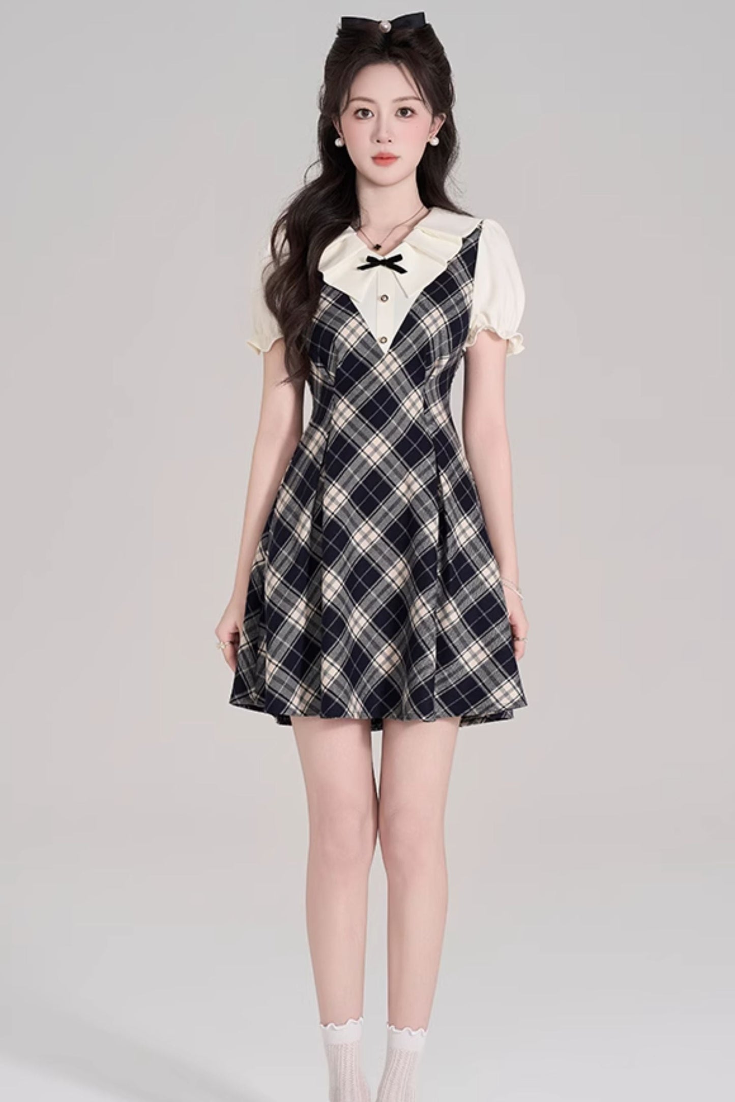College Style Check Puff Sleeve Dress