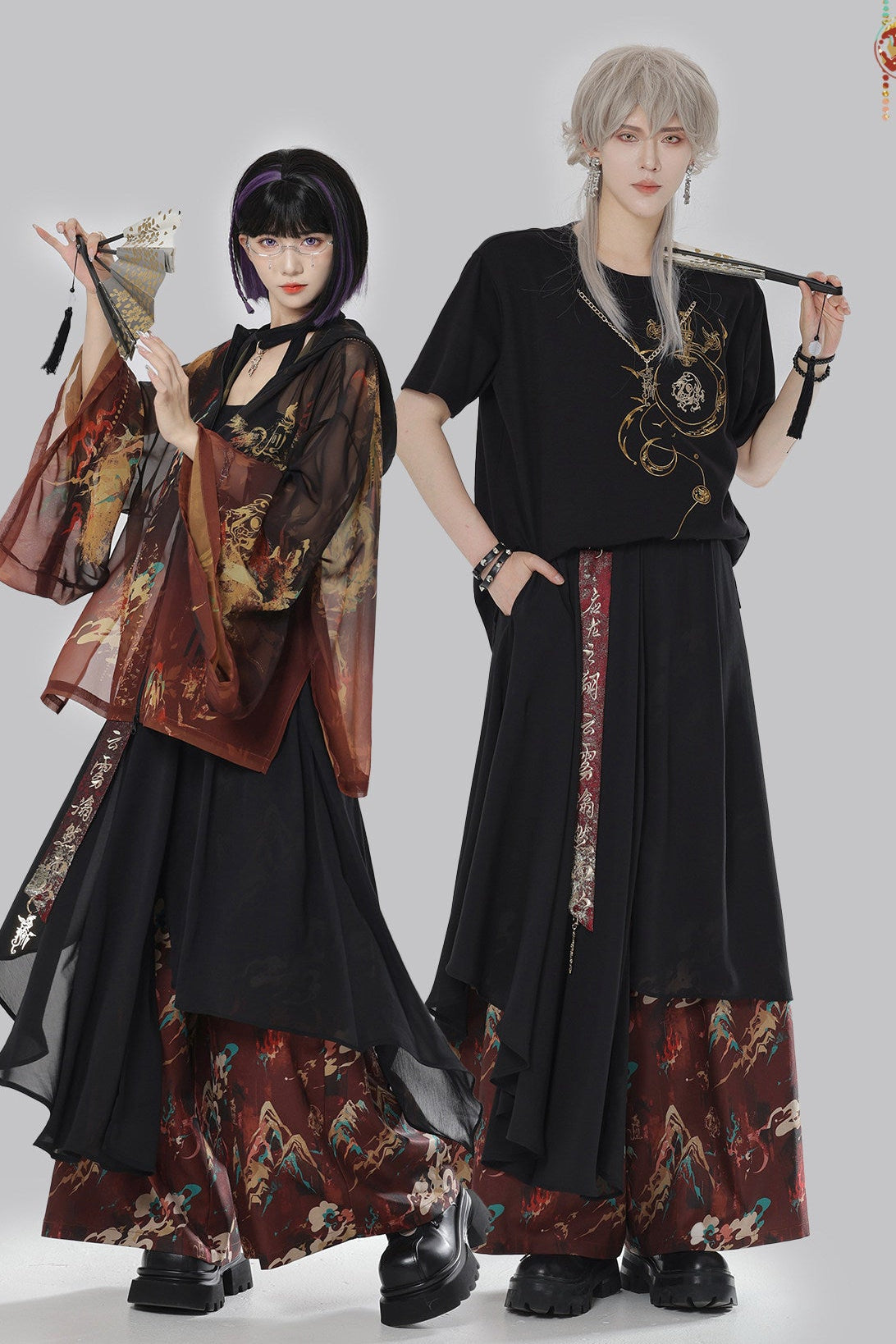 Gold Dragon Embroidered Choker Top (with Cups) + Chinese-Style Wide-Leg Pants