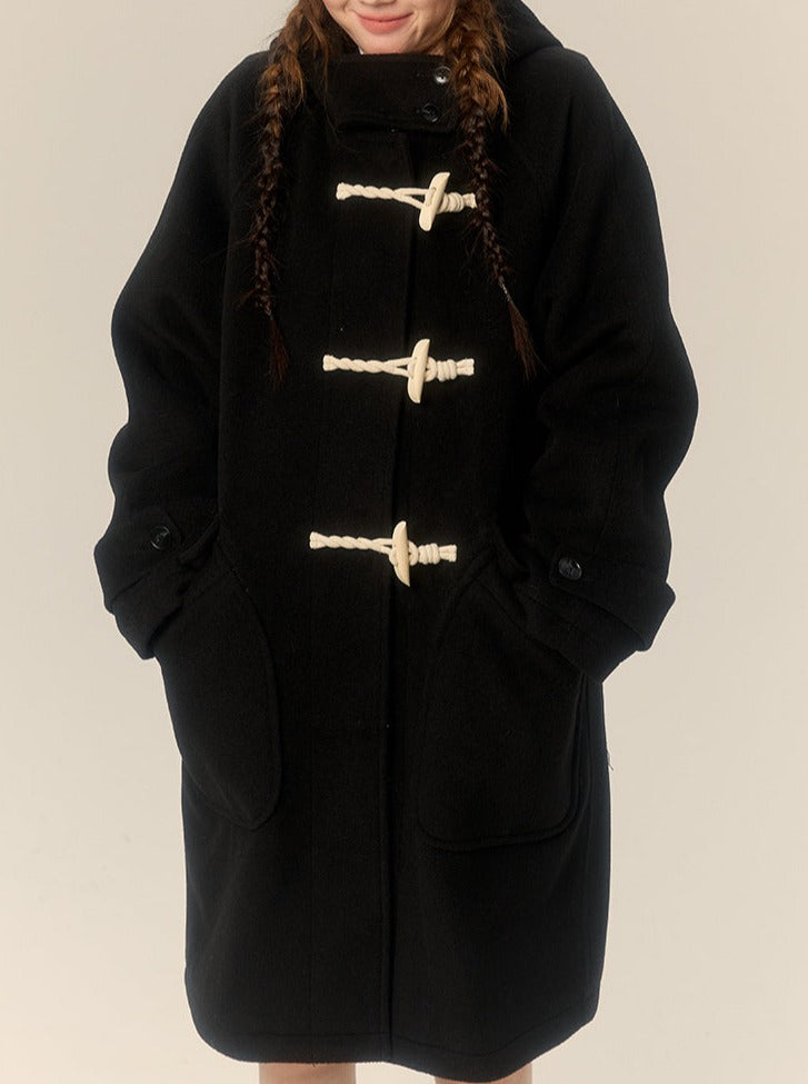 College Style Hooded Mid Length Horn Button Wool Coat