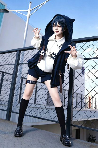 【9月25日予約締切】Prince Style Street Casual Cat Ear Hooded Short-Sleeve Jacket + Dog Print Top + Shorts with Leg Rings＋Full Set