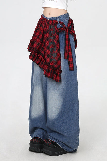 ストリートルーズデニムパンツ+チェック柄レース