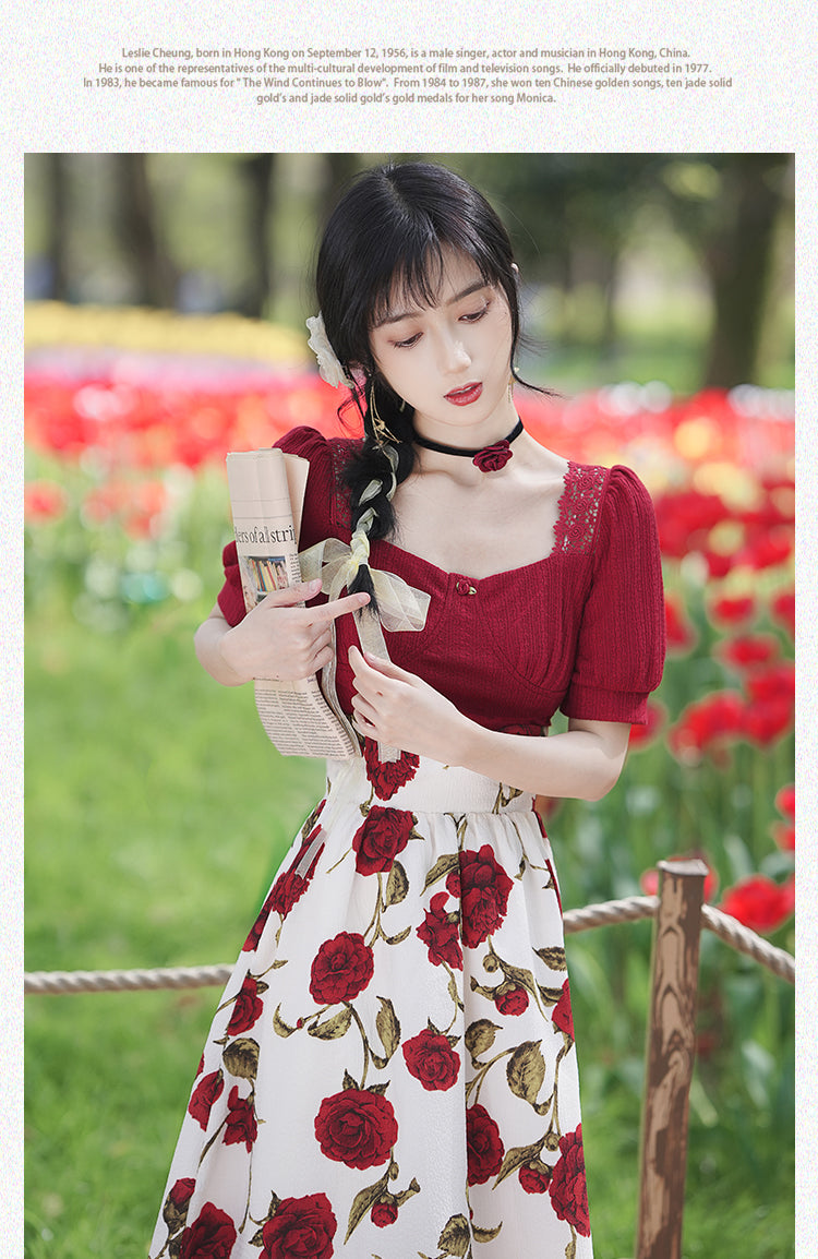 Square Color Lace Top + Rose Design Long Skirt