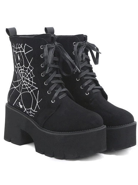 スパイダーデザインマットブラックショートブーツ