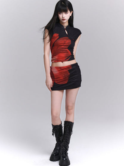 Mode Red Flower Tight Top + Tight Skirt