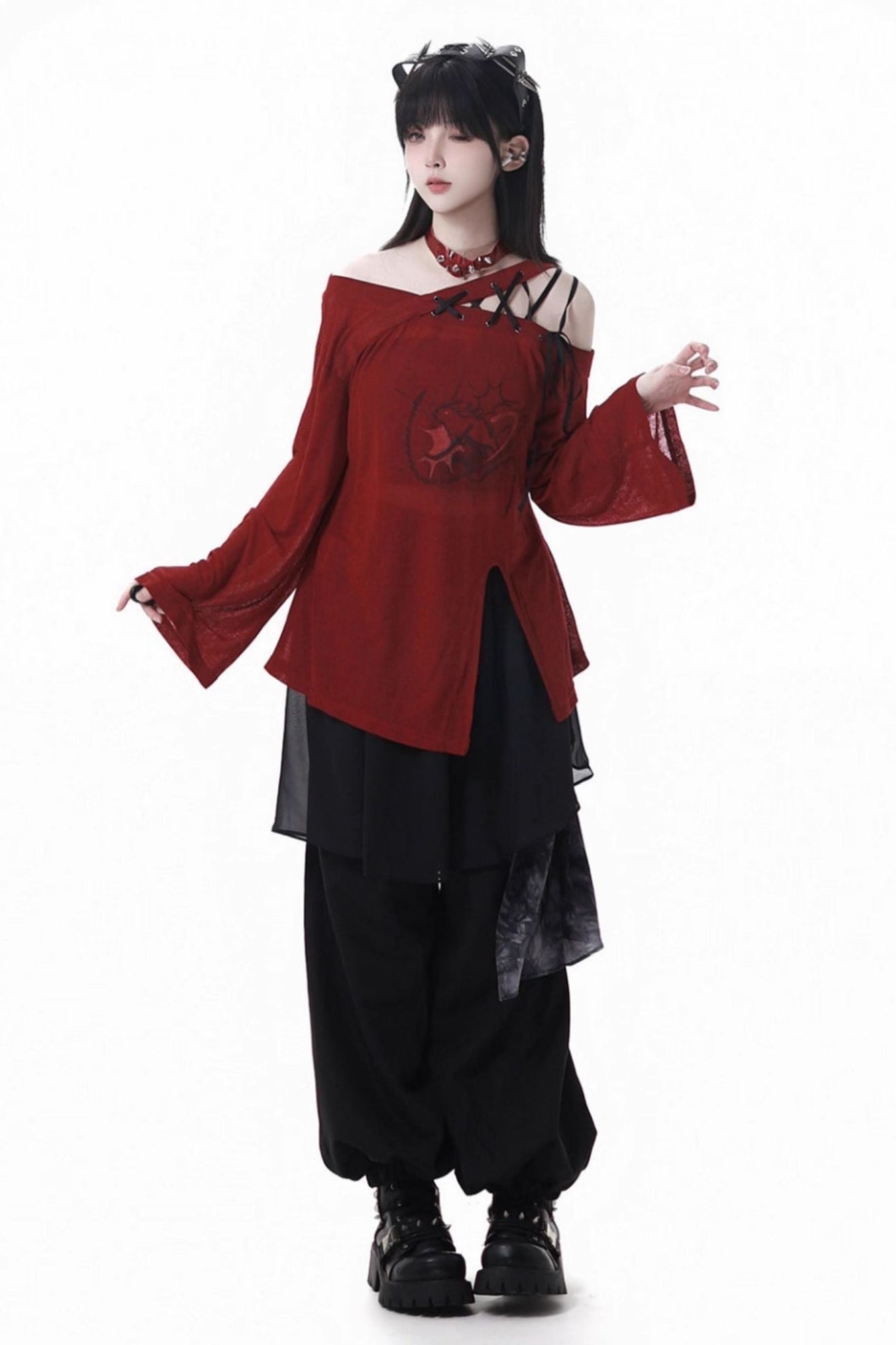 Splice mode red top + mode pants + rose belt