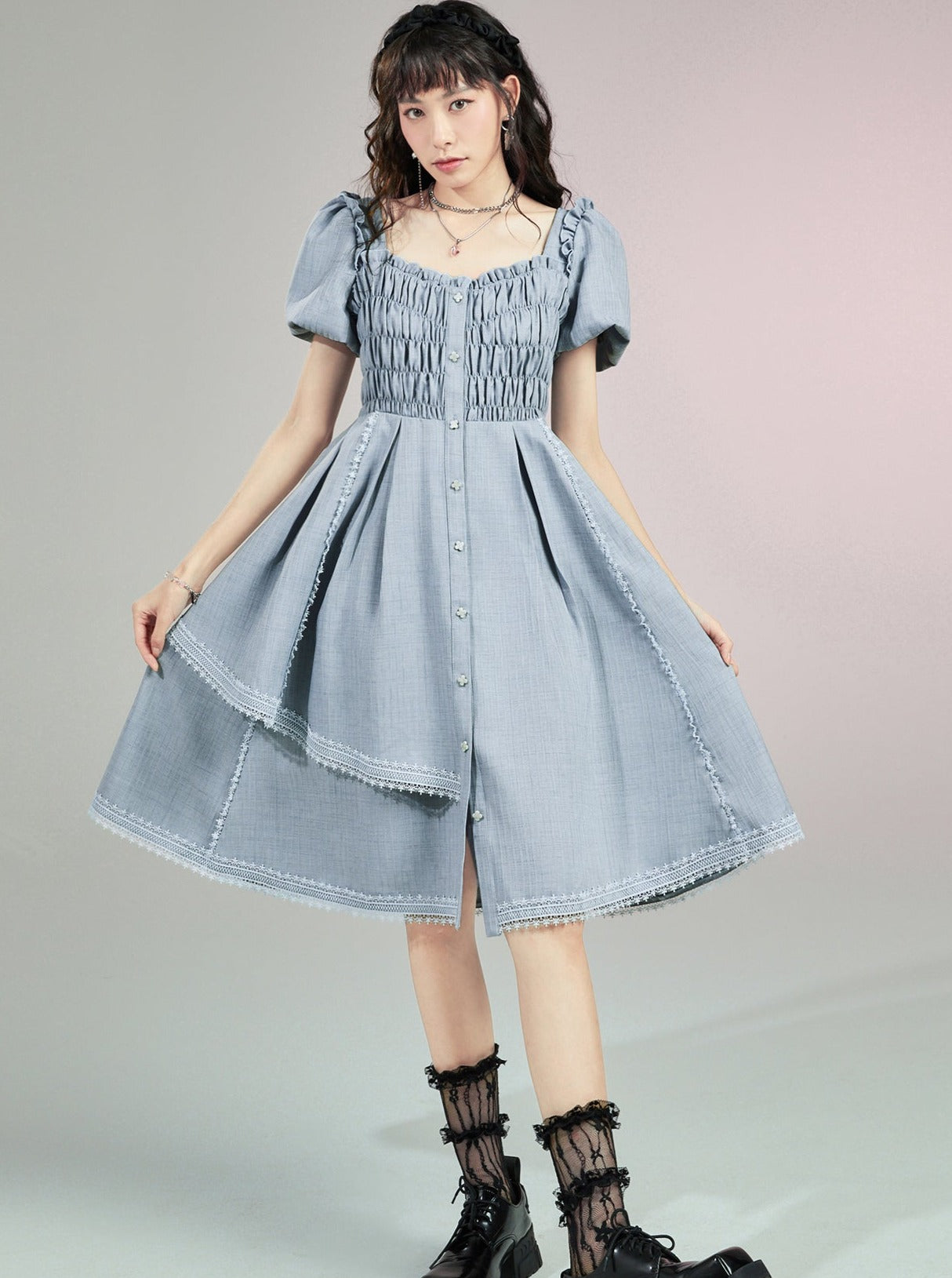 Race layered high waist girl puff sleeve dress