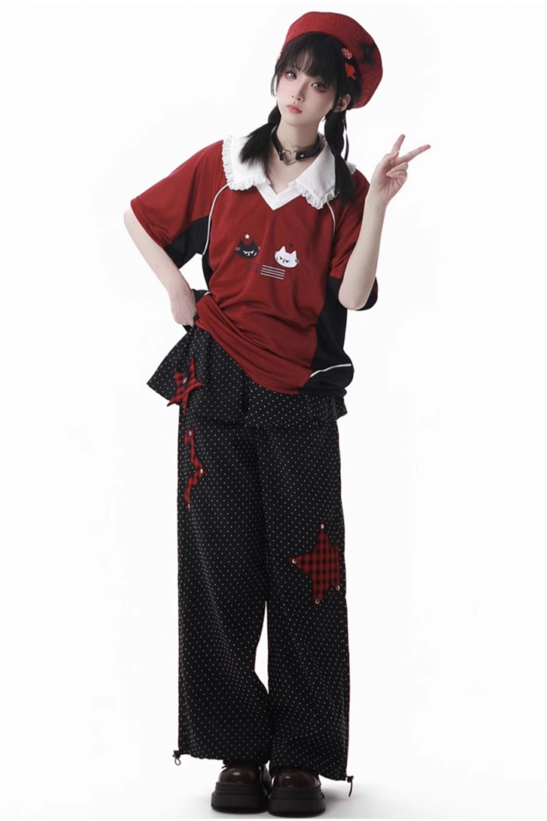 レースカラーオーバートップス＋バルーンスカート＋ロングパンツ＋レッグウォーマー