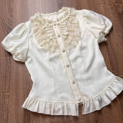 [Pre-order Deadline: May 20] Magical Girl Lolita Elegant Lace Puff Sleeve Shirt + Black x Green Ribbon Corset Tiered Dress + Mini Hat