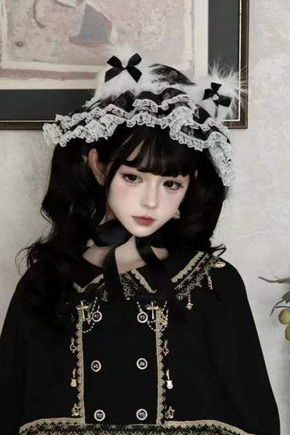 Reservation Deadline: December 26 Black Gold Gothic Lolita Cat Choir Series Accessories (Cat Ear BB Hat + Back Ribbon Train + Pair of Side Ribbons with Musical Note and Cross Motifs + Cat Print Ribbon KC + Black Cat Ear Lace Mini Hat)