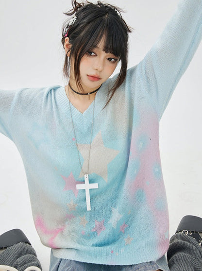 Tie-Dye Star V-Neck Over Sweater