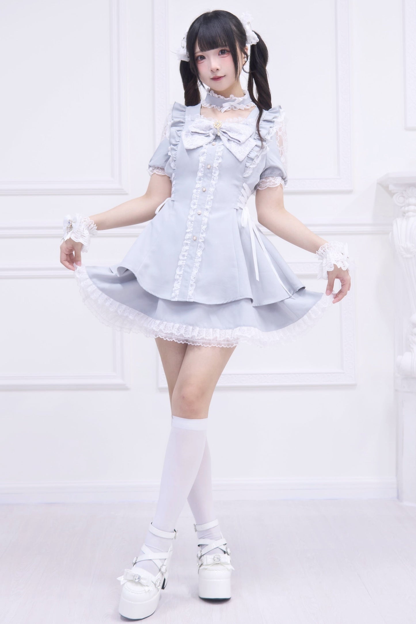 Mine striped lace puff sleeve top + short skirt