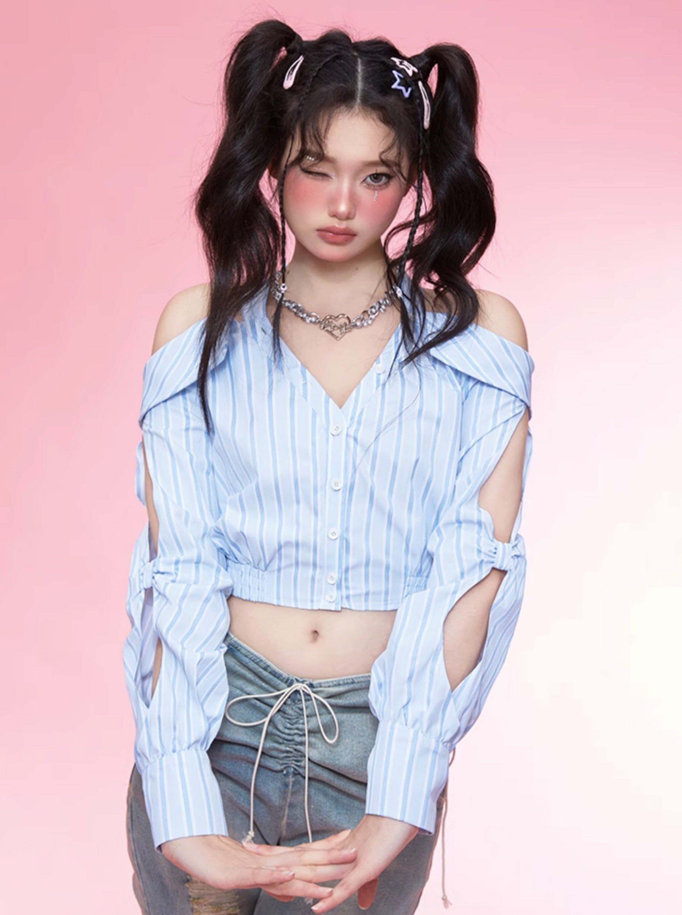 OffShoulder Cross Halter Blue Stripe Shirt Belchic
