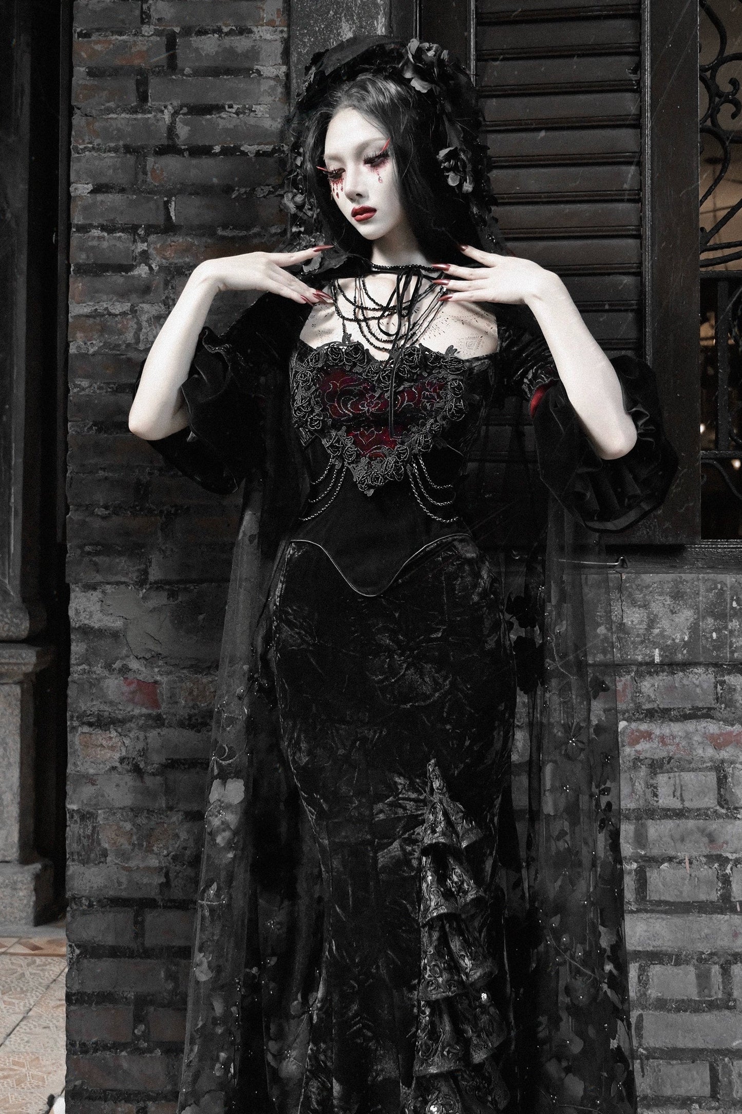 Thriller Crimson Gothic Velvet Mermaid Dress + Gloves
