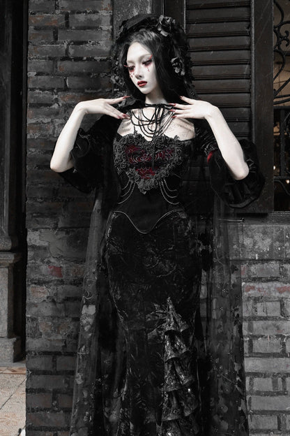 Thriller Crimson Gothic Velvet Mermaid Dress + Gloves