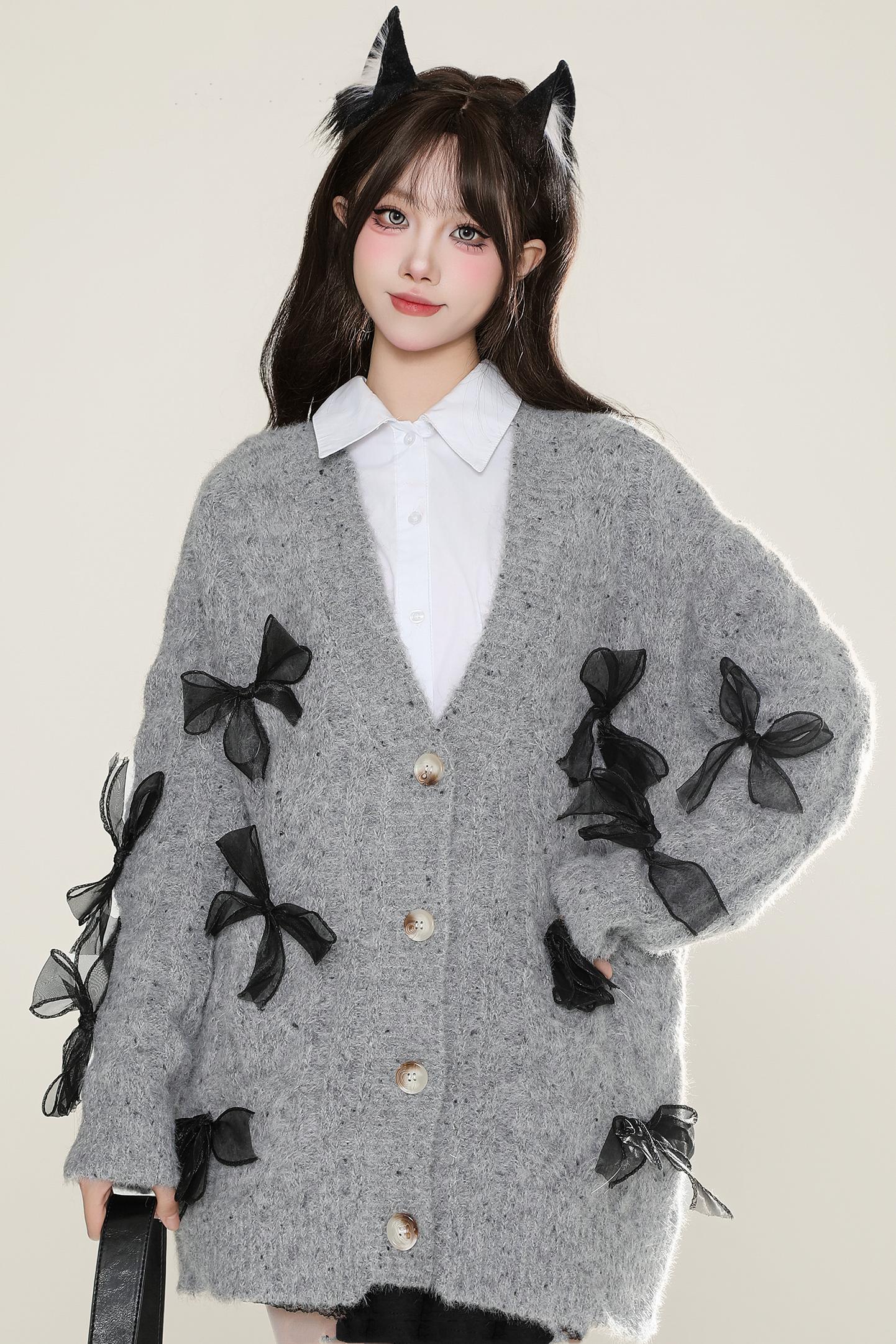 Mohair Bow Detail V-Neck Cardigan