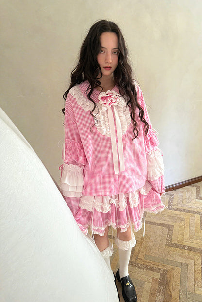 Camisa de patchwork con cuadrícula rosa muñeca