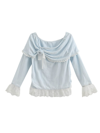 レースパッチワークオフショルダートップス+ロングスカート