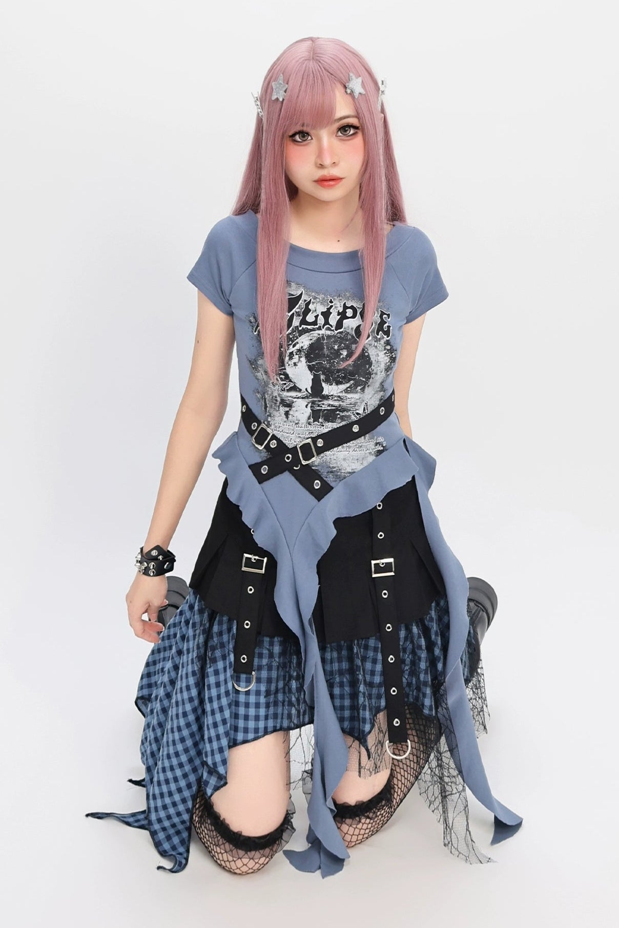 ダークサブカルトップス＋チェックスカート