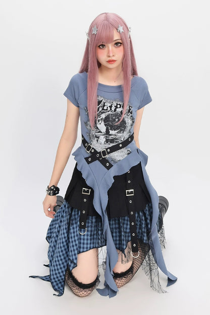 ダークサブカルトップス＋チェックスカート