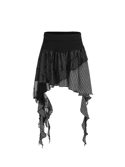 Lace Mesh Check Ruffle Irregular Skirt