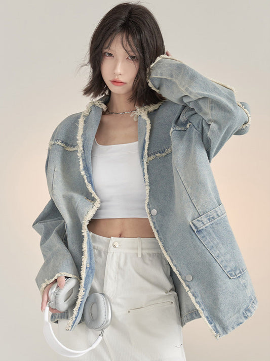 Anzugkragen Jeansjacke mit losem Saum