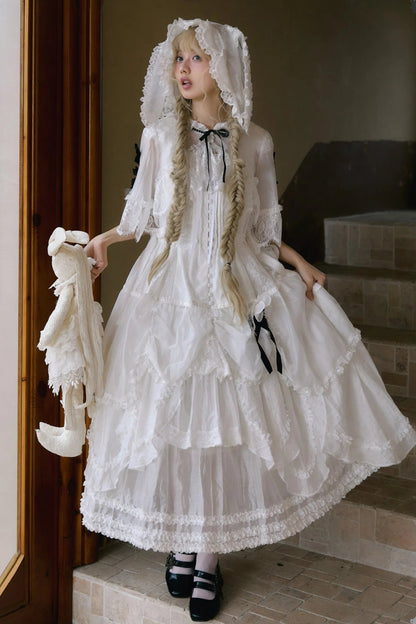 [Reservierungsschluss 18. August] Weiße Fairy-Lace-Rüschen-Lolita-Kapuzen-Shortjacke mit Hasenohren + Innenrock (Petticoat)