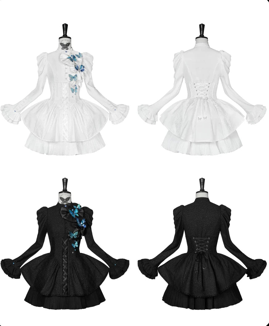 [Reservierungsschluss 14. Oktober] Schwarz-weißes Gothic-Lolita-Minikleid mit Schmetterlingsschleife, Bandkragen und Schnürung am Rücken
