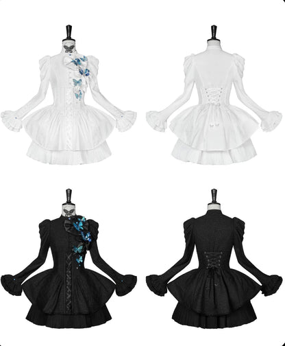 [Reservierungsschluss 14. Oktober] Schwarz-weißes Gothic-Lolita-Minikleid mit Schmetterlingsschleife, Bandkragen und Schnürung am Rücken