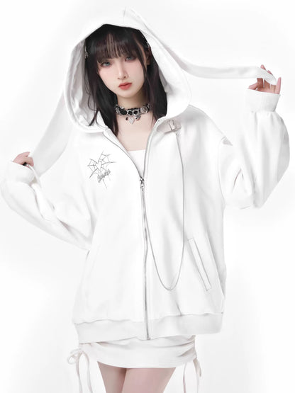 Spider Web Rabbit Ear Chain Strap Hoodie + Slim Suspender Dress