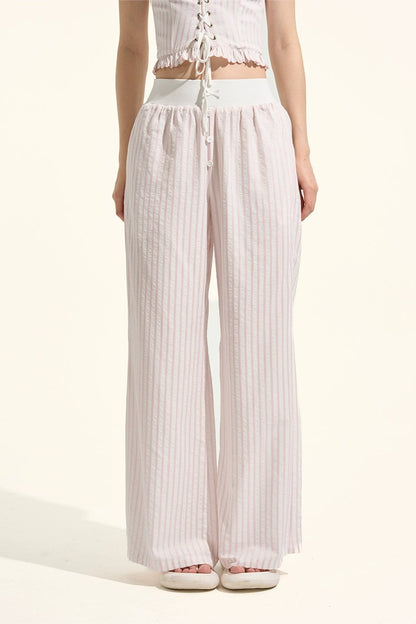 ストライプシャツ+ルーズパンツ+バンドゥ