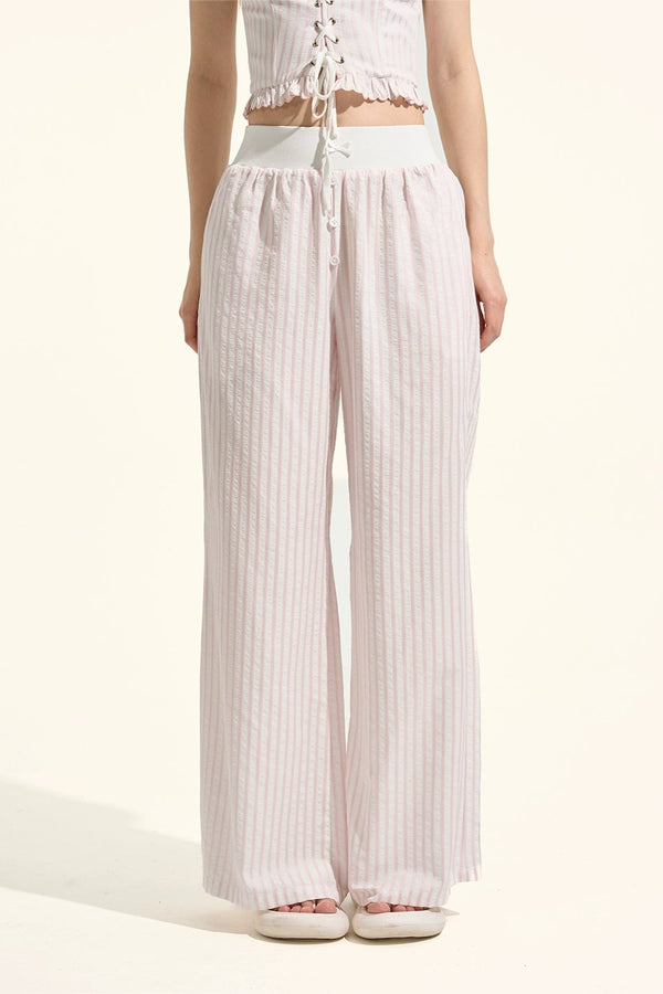 ストライプシャツ+ルーズパンツ+バンドゥ