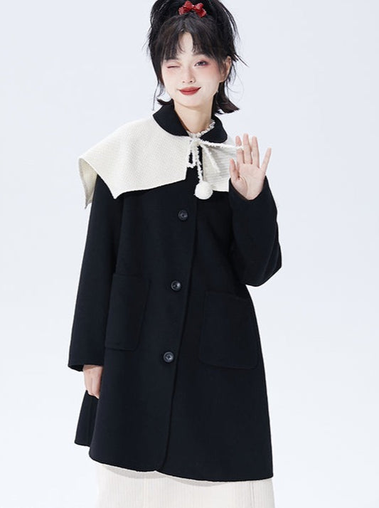 Charlotte Cut Black Shawl Collar Mid Length Loose Wool Coat