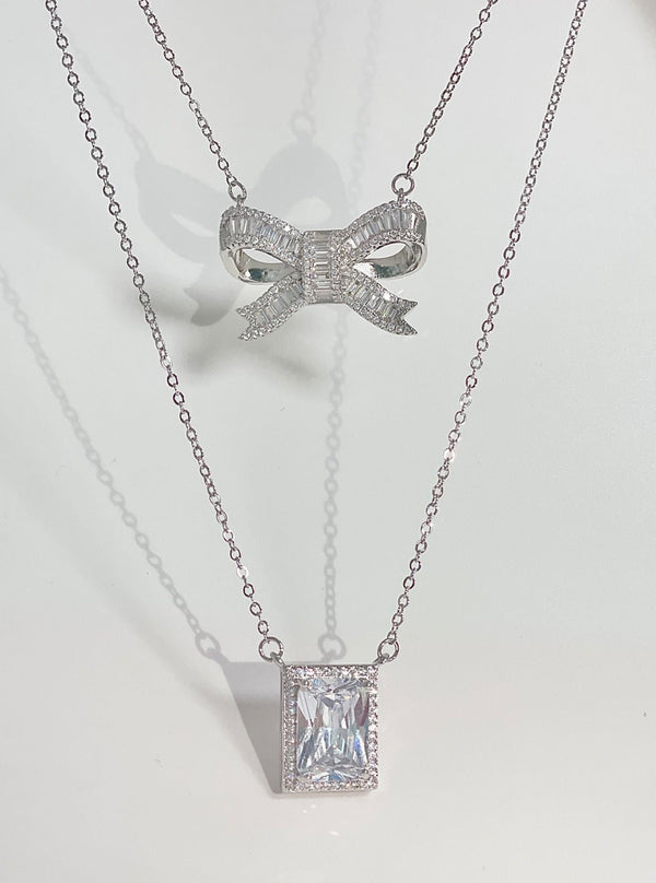 Square diamond necklace + ribbon necklace