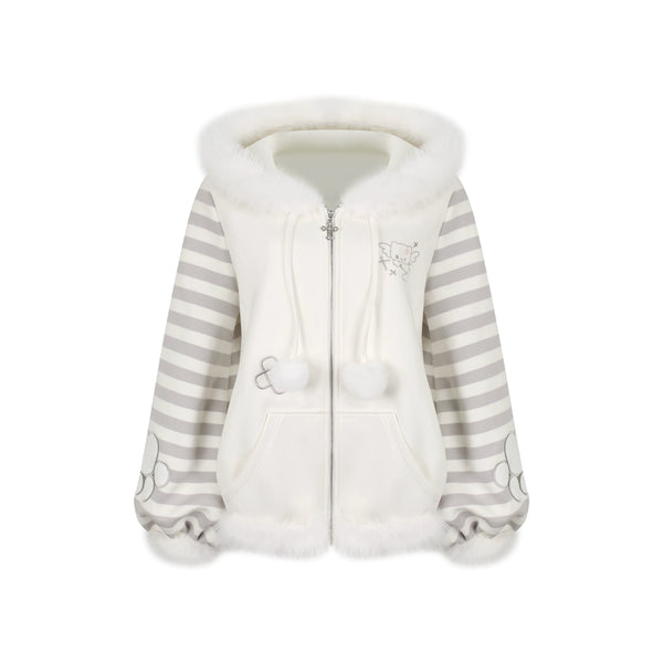 Striped Fur Hooded Coat + Cake Skirt